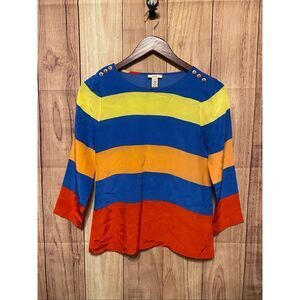 J. Crew size 00 100% Silk top multicolor striped nautical buttons blouse shirt